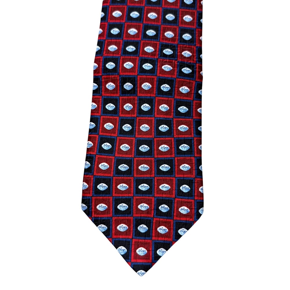 Pfizer Mens Silk Necktie Red Black Blue Geometric Logo Corporate Promo Tie